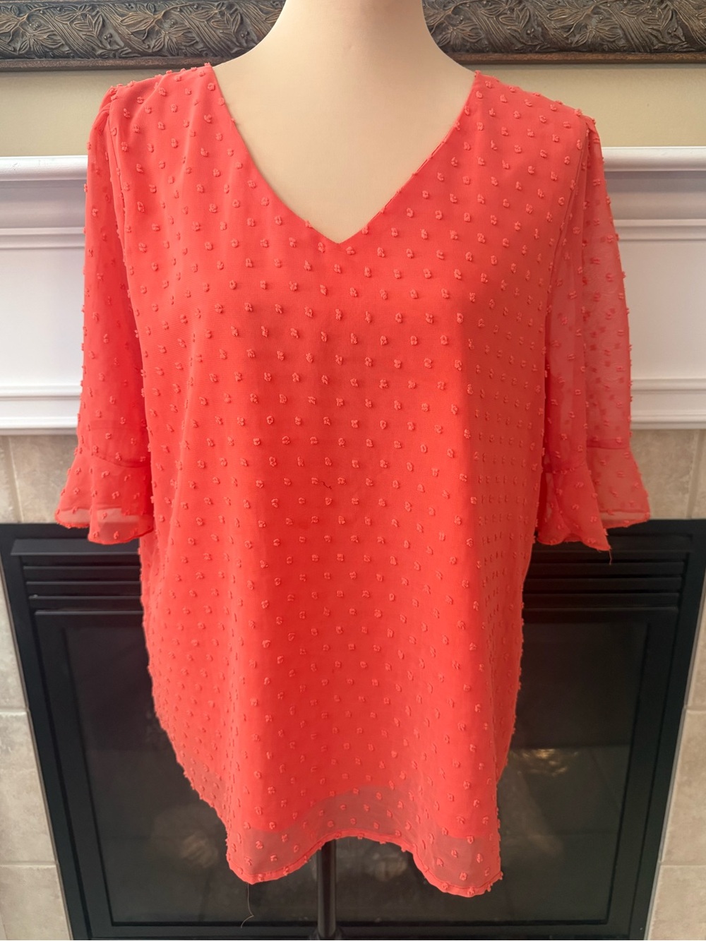 Women's Plus Textured V-Neck Flutter Sleeve Top - Coral XXL